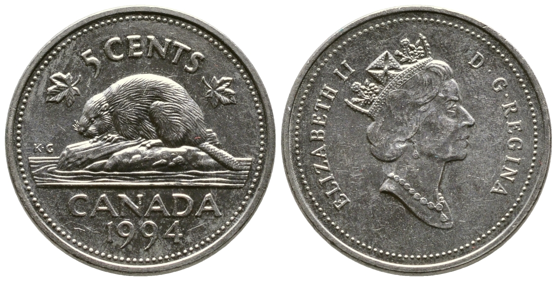 КАНАДА 5 ЦЕНТОВ 1994 ЕЛИЗАВЕТА II, БОБЕР KM 182 медно-никель 4364-2646