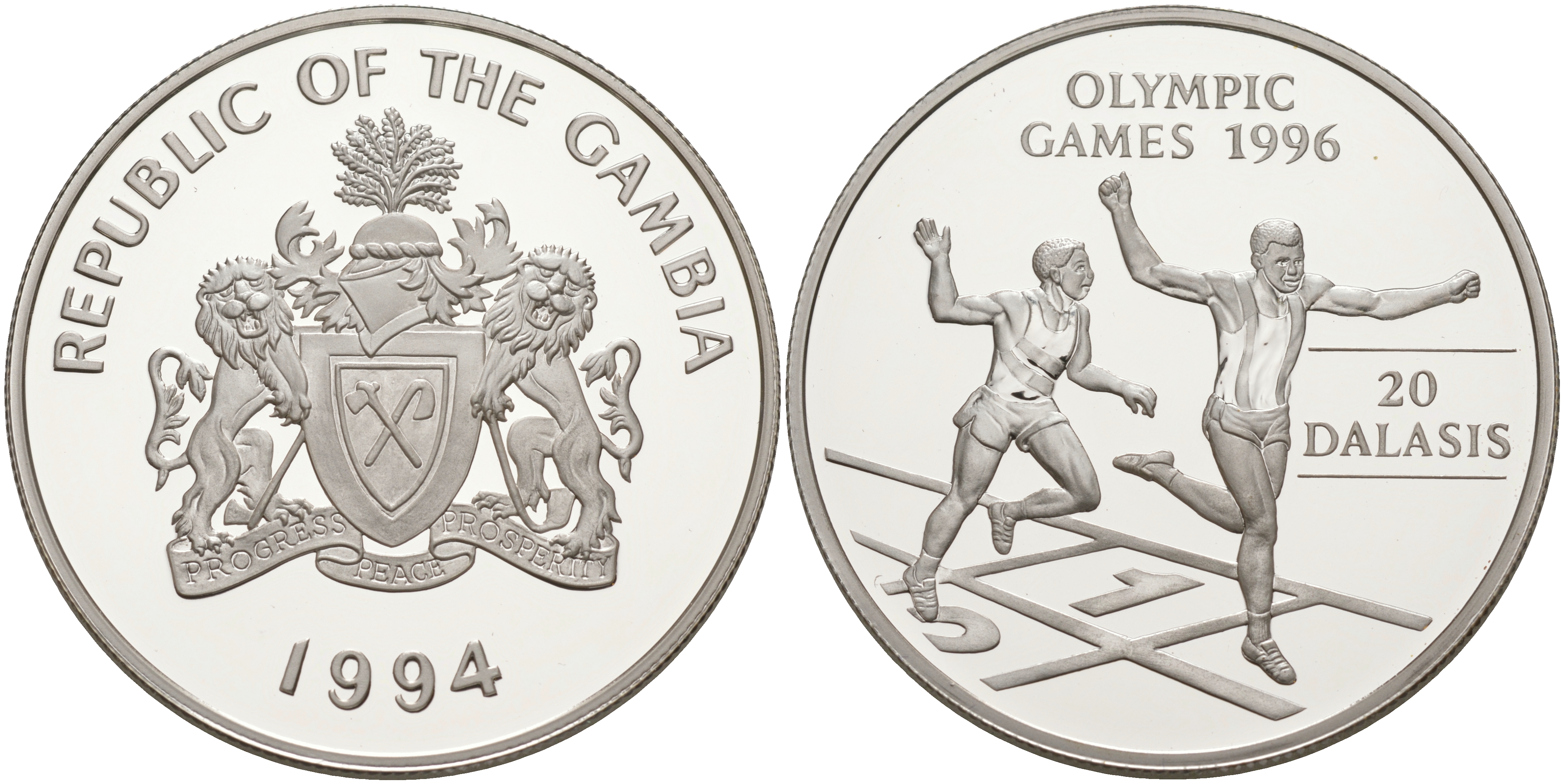 Гамбия 20 даласи 1994 Олимпийские игры 1996 года в Атланте, бег KM 47 серебро PROOF 1074-3-64