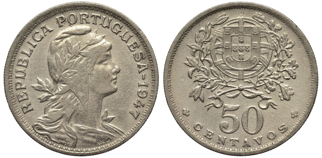 Португалия 50 сентаво 1947 KM 577 медно-никель 4556-952