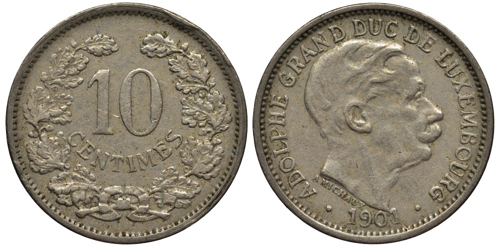 ЛЮКСЕМБУРГ 10 САНТИМОВ 1901 ВЕЛИКИЙ ГЕРЦОГ АДОЛЬФ (1890-1905) КМ 25 медно-никель 4538-655