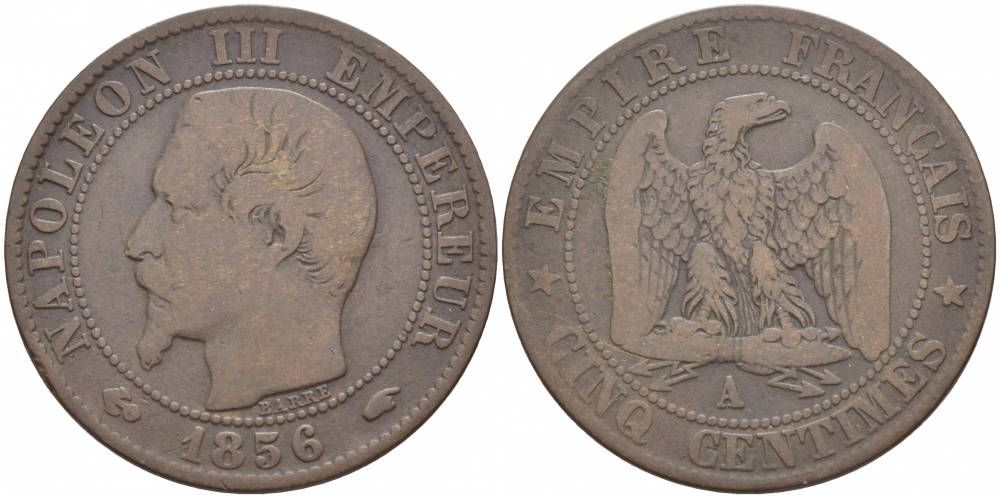 ФРАНЦИЯ 5 САНТИМОВ 1856 A, НАПОЛЕОН III (1852-1870) KM 777.1, LE FRANC 116.30 бронза 4448-111