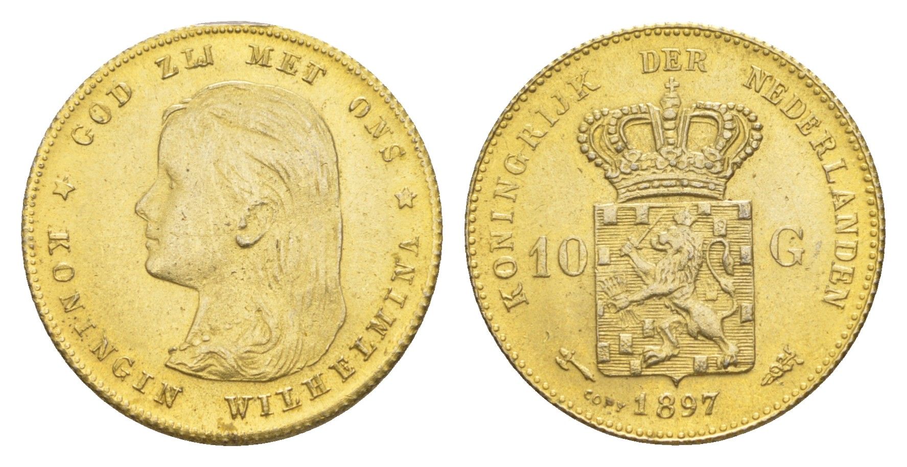 Нидерланды игрой жетон в 10 гульденов (КОПИЯ) 1897 диаметр 22 мм, вес 4,2 гр тип - KM 118 желтый металл 4644-817