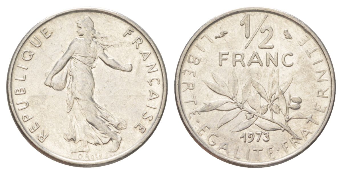 Франция 1/2 франка 1973 KM 931 никель 4625-431