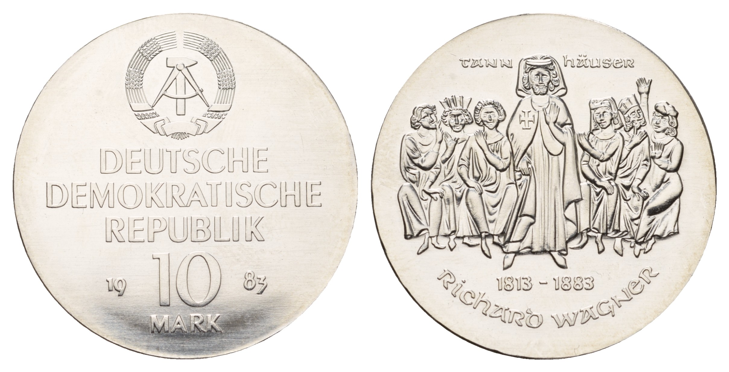 ГДР 10 марок 1983 A, 100 лет со дня смерти Рихарда Вагнера KM 92 серебро  UNC  1099-2-72