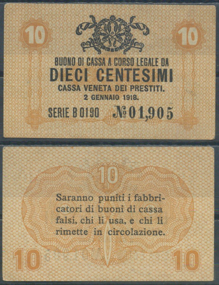 Италия 10 чентезимо 1918 	Венецианский ссудный банк Pick M2 бумага aUNC 7554-12-3-2