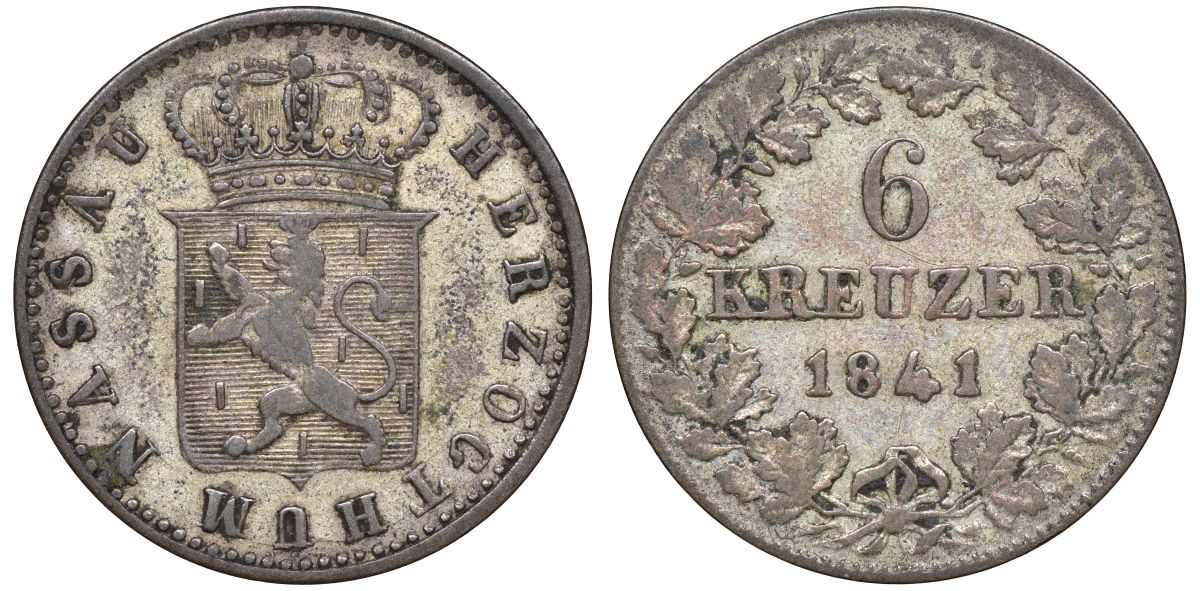 Нассау 6 крейцеров 1841 Адольф (1839-1866) KM 62 серебро    188-457