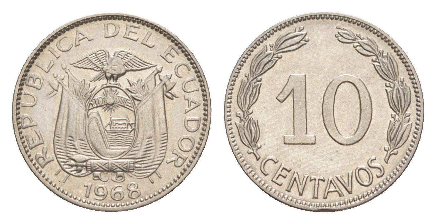 Эквадор 10 сентаво 1968 KM 76c сталь плакированная никелем UNC 4643-1151