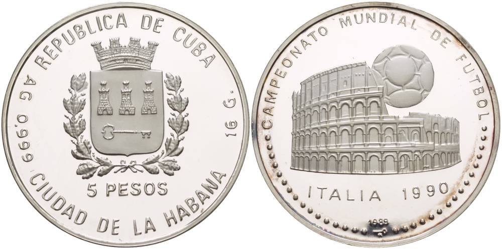 Куба 5 песо 1989 чемпионат мира по футболу в Италии 1990 года, Колизей KM 226.1 серебро PROOF 1066-2-45