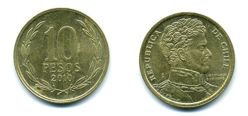 ЧИЛИ 10 ПЕСО 2010 ГЕНЕРАЛ БЕРНАРДО О ХИГГИНС KM 228.2 никель-бронза 37-822