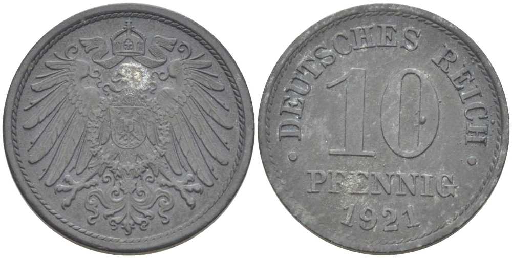 ГЕРМАНИЯ 10 ПФЕННИГОВ 1921 (1917-1922) KM 26, J. 299, Weege 8 цинк 210-314
