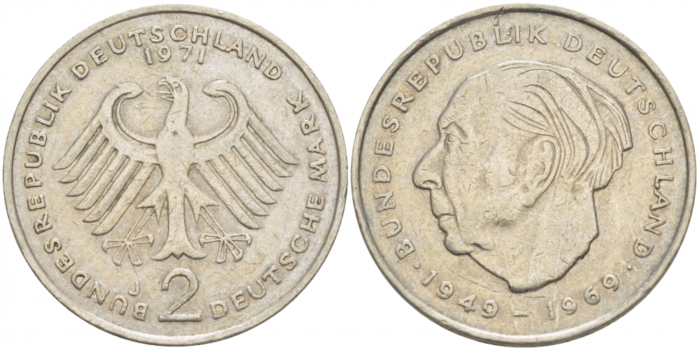 ФРГ 2 марки 1971 J, Теодор Хойс KM 127, J. 407 медно-никель плакированный никелем 3718-1053
