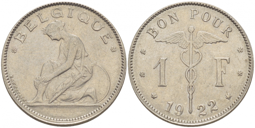 Бельгия 1 франк 1922 Belgique, Альберт I (1910-1934) KM 89 никель 261-945