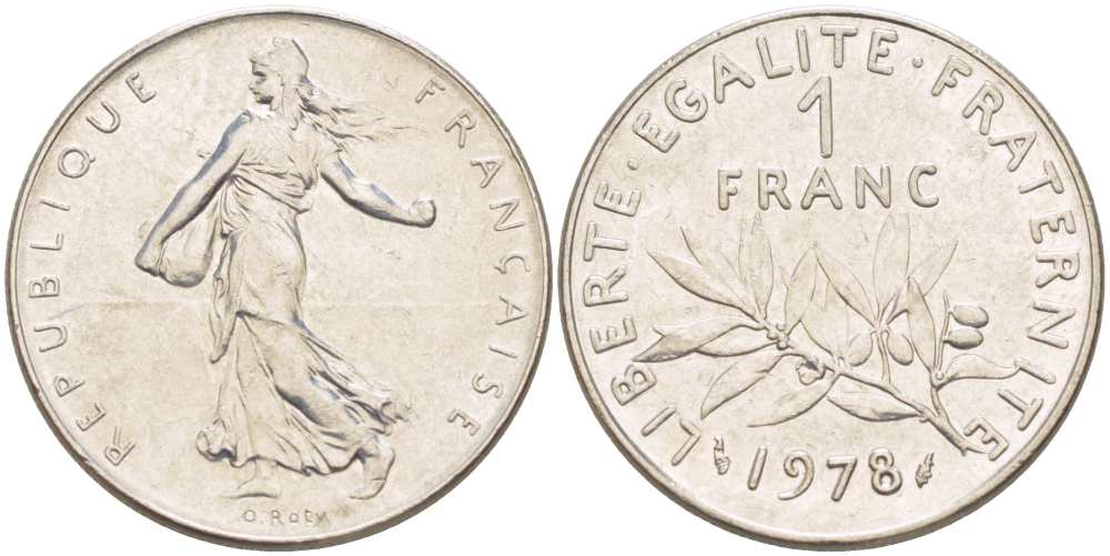 ФРАНЦИЯ 1 ФРАНК 1978 СЕЯТЕЛЬ KM 925.1, LE FRANC 226.23 никель 217-242