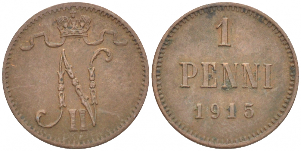 РОССИЯ ДЛЯ ФИНЛЯНДИИ 1 ПЕННИ 1915 НИКОЛАЙ II KM 13, Биткин 475 медь 4396-1459