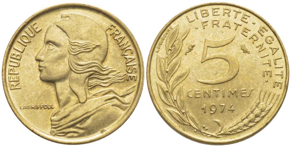 ФРАНЦИЯ 5 САНТИМОВ 1974 ТИП MARIANNE KM 933, LE FRANC 125.10 алюминиевая бронза 116-444