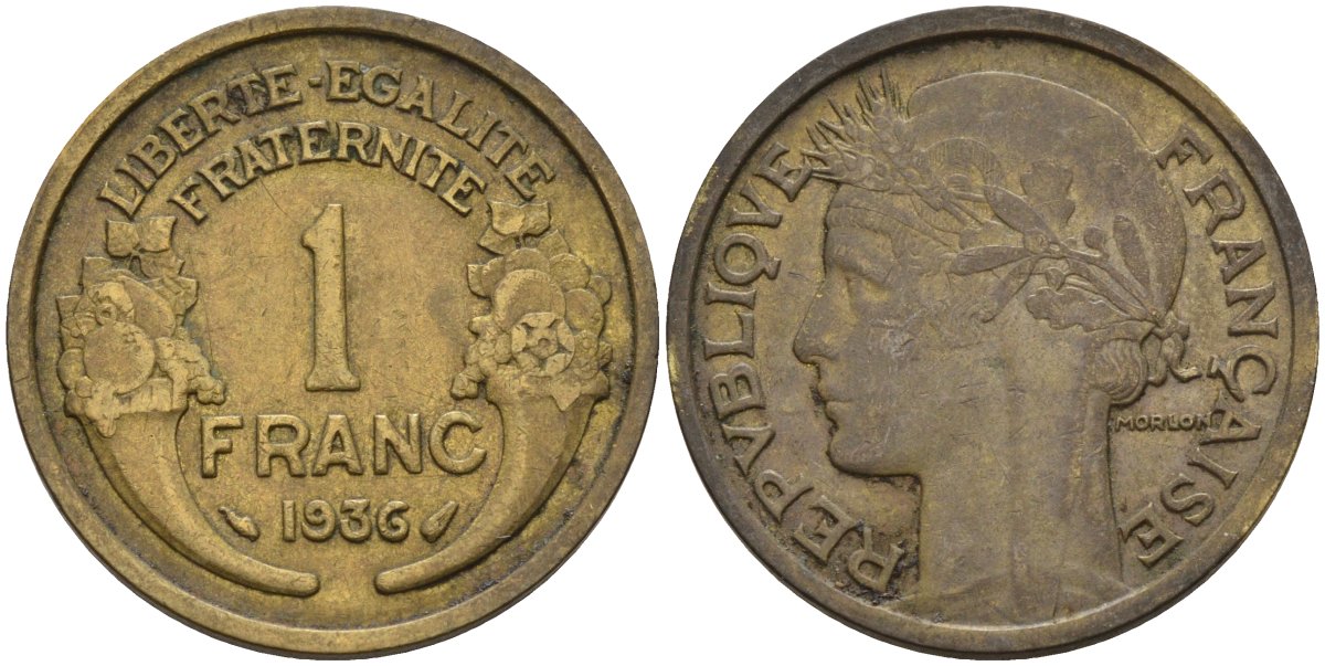 Франция 1 франк 1936 KM 885, Le Franc 219.2 алюминиевая бронза 4142-826