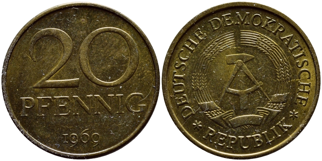 ГДР 20 пфеннигов 1969 А, первый год KM 11 латунь UNC 4397-155
