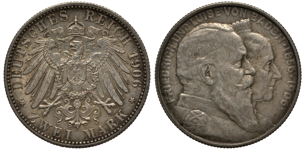 Баден 2 марки 1906 золотая свадьба Фридриха I и Луизы (1856-1906) J. 34, KM 276 серебро 3711-1814