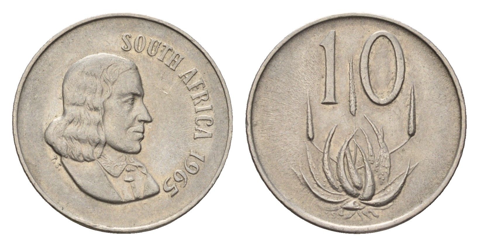 ЮАР 10 центов 1965 Ян ван Рибек (1619-1677), South Africa, легенда на африкаанс, цветок алоэ KM 68.1 никель 4674-926