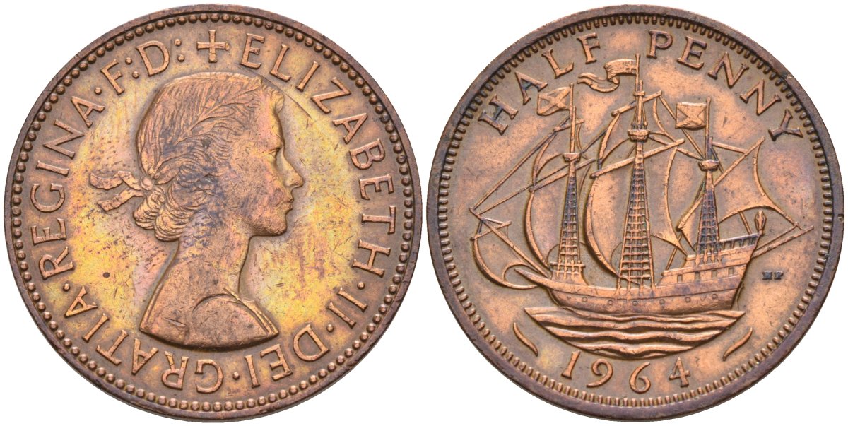 Великобритания 1/2 пенни 1964 Елизавета II (1952-2022) KM 896, Spink 4158 бронза 4591-1042