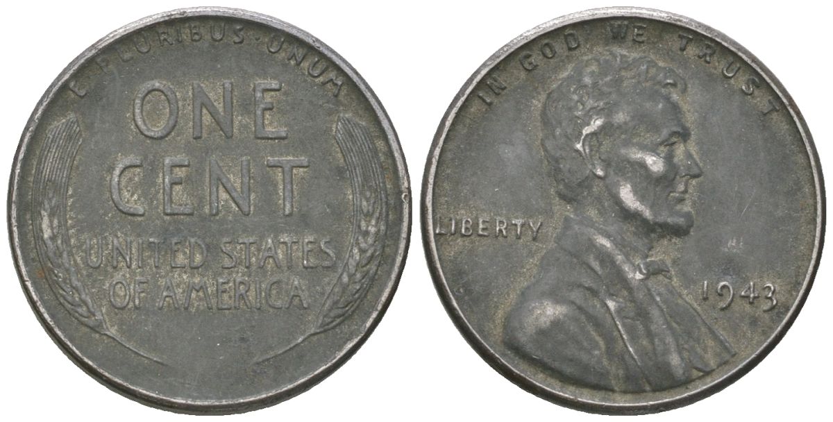 США 1 цент 1943 Авраам Линкольн KM 132 a сталь покрытая цинком 214-569