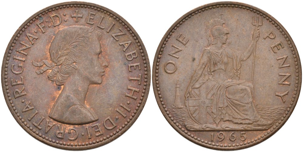 Великобритания 1 пенни 1965 Елизавета II (1952-2022) КМ 897, Spink 4157 бронза 4574-242