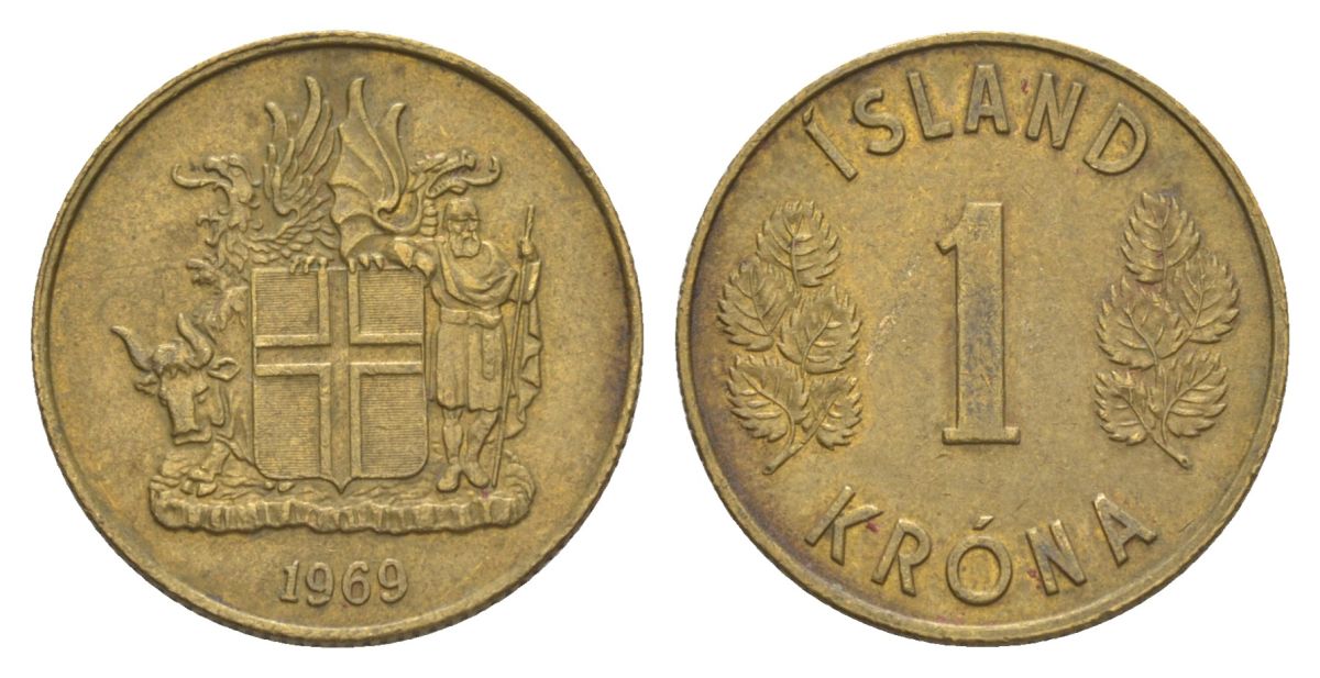 Исландия 1 крона 1969 KM 12a никель латунь aUNC 4633-1244