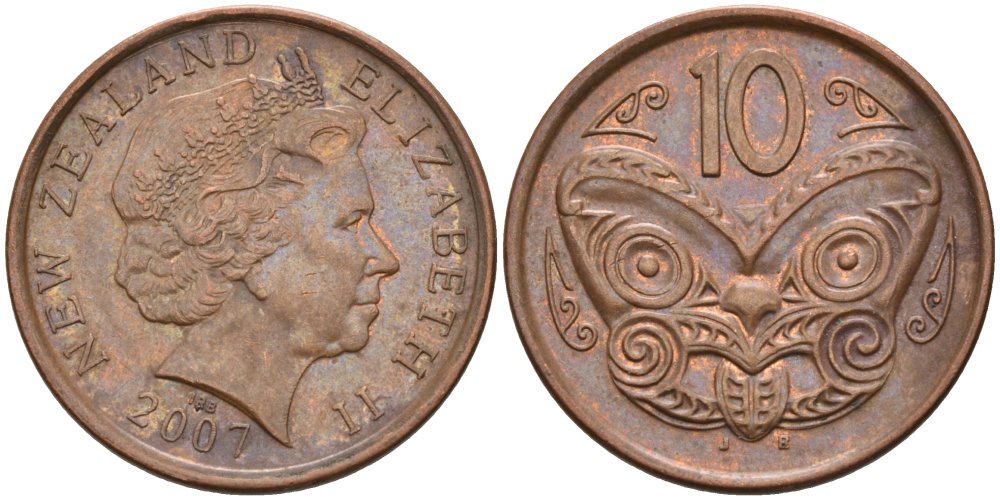 Новая Зеландия 10 центов 2007 маска Маори, Елизавета II (1952-) KM 117а сталь плакированная медью 4179-614