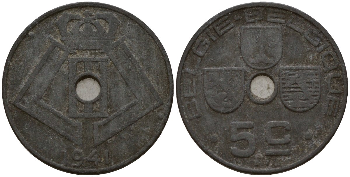 Бельгия 5 сантимов 1941 Belgie - Belgique, Леопольд III (1934-1947), германская оккупация, Вторая мировая война KM 124 цинк 4160-1126