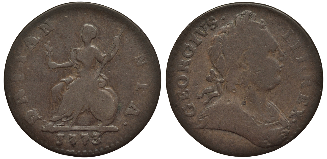 Великобритания 1 фартинг 1773 Георг III (1760-1820) KM 602, Spink 3775 медь 1523-1031