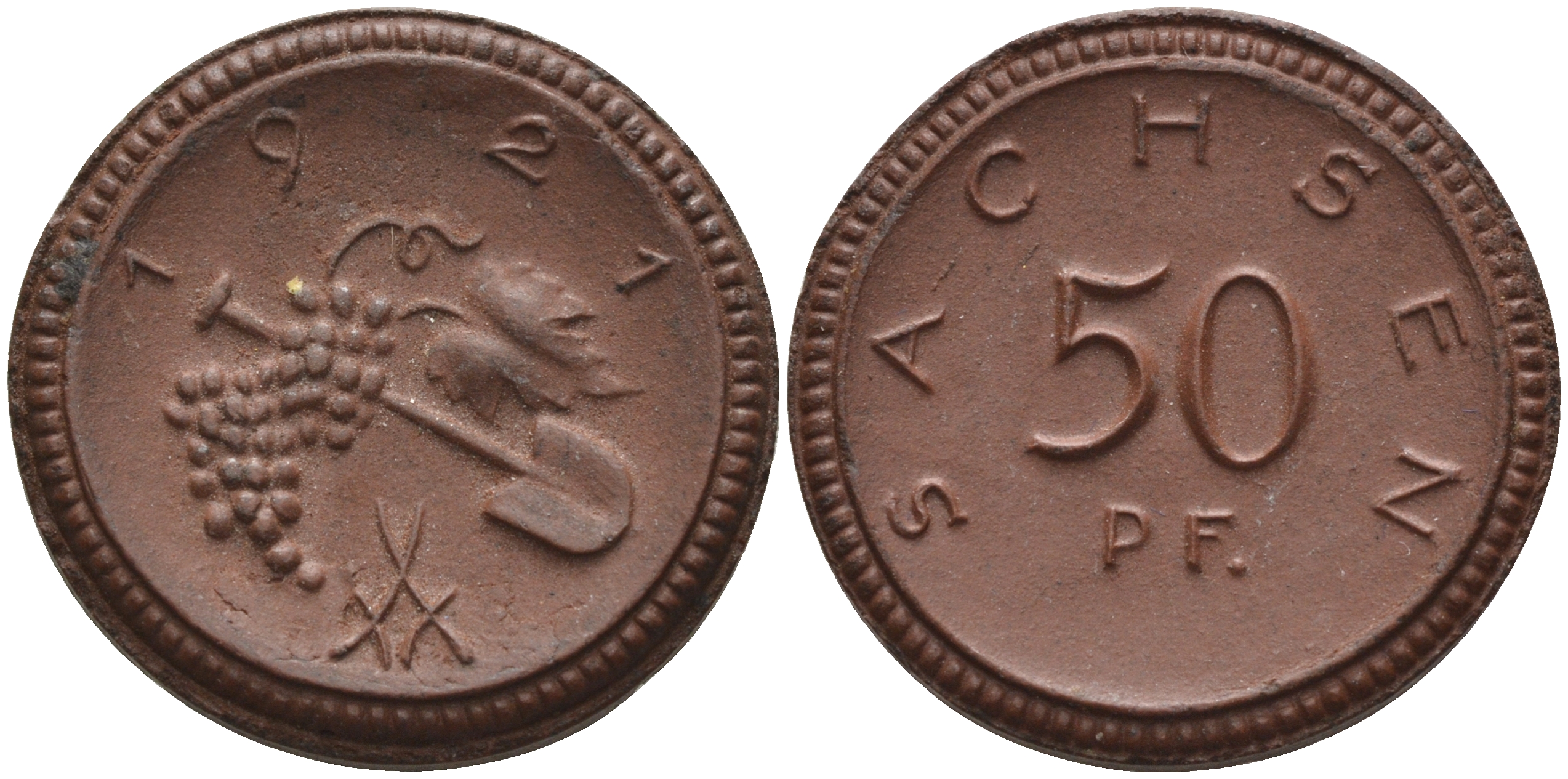 Саксония 50 пфеннигов 1921 виноград и лопата J. N 54 фарфор 1094-5-25