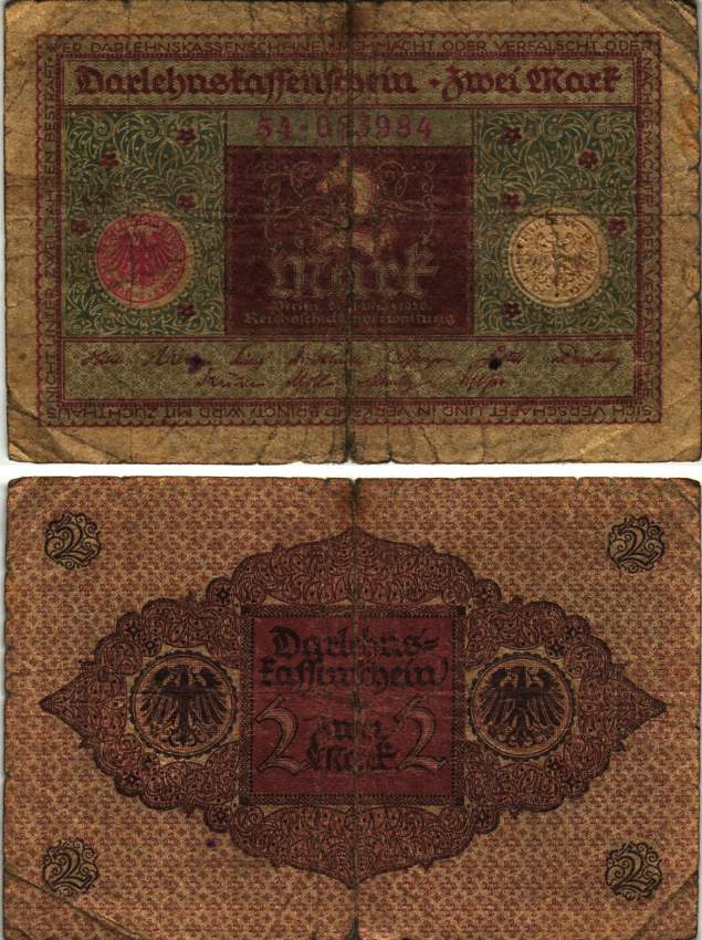 ГЕРМАНИЯ 2 МАРКИ 1920 1 МАРТА 1920, ВЕЙМАРСКАЯ РЕСПУБЛИКА, КОРИЧНЕВАЯ, СЕРИЯ 54 Pick 60, Rosenberg 65а бумага 8616-13-2-1