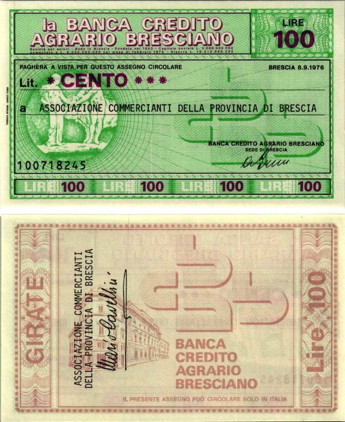 Италия 100 лир 1976 8 сентября 1976, La Banca credito agrario Brescia бумага UNC (пресс) 7222-40-2-2