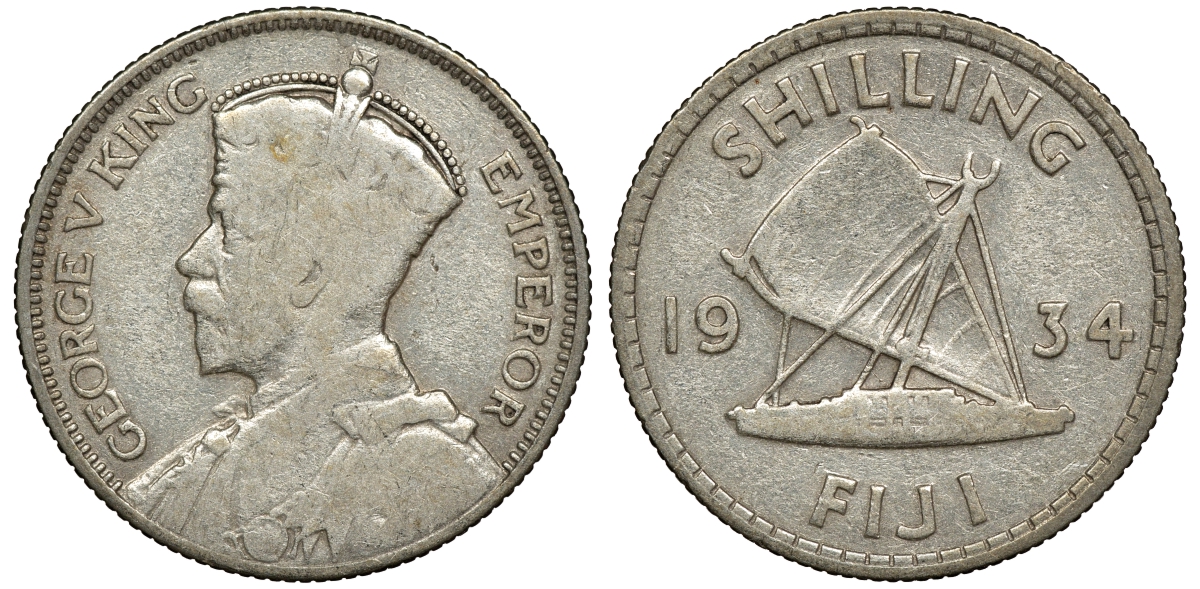 Фиджи 1 шиллинг 1934 Георг V (1910-1936), парусник KM 4 серебро 91-952