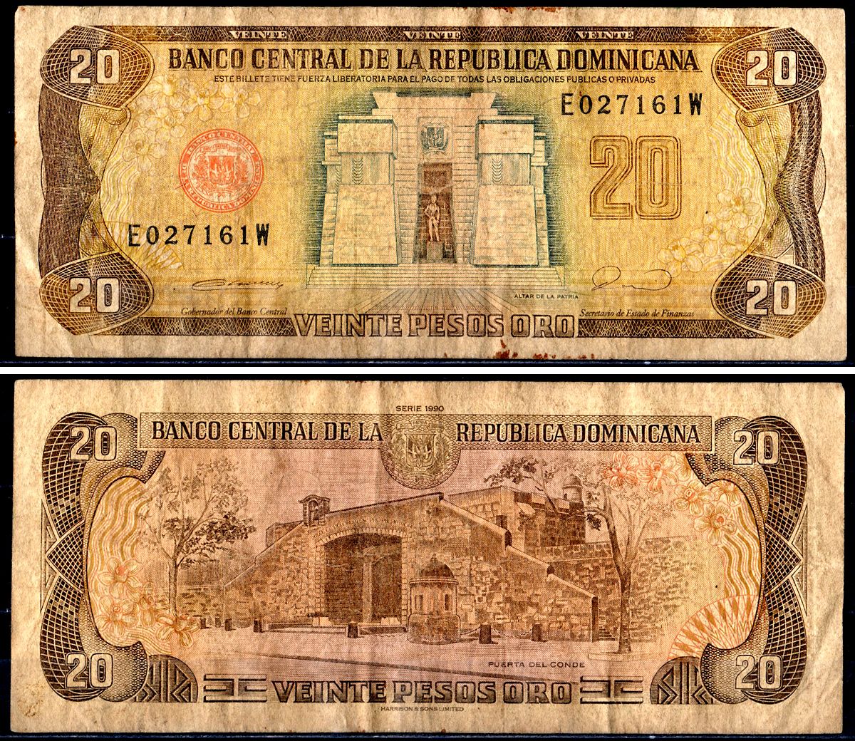 Доминиканская Республика 20 песо 1990 Pick 133 бумага 3295-79-2-2
