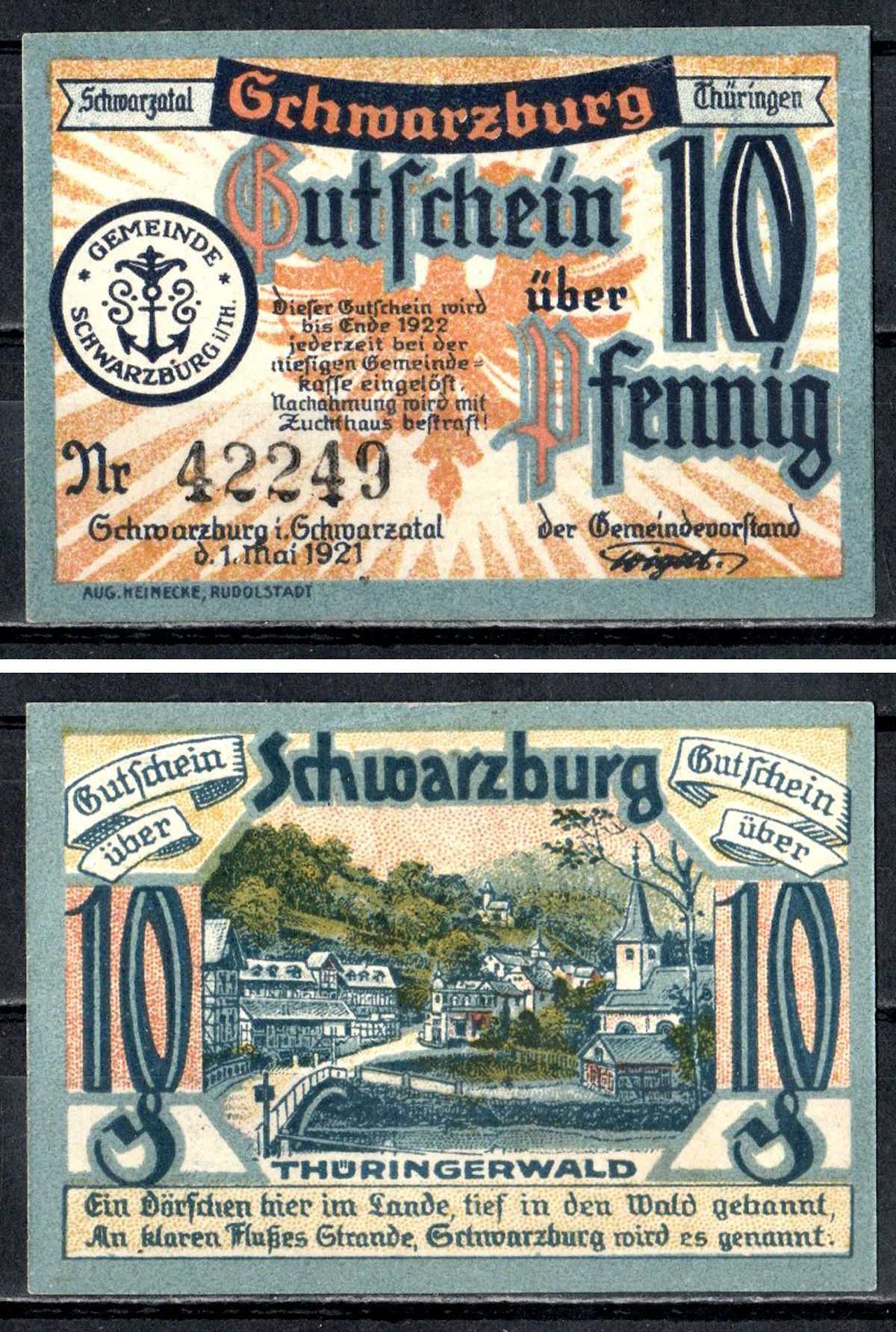 Шварцбург (Тюрингия) 10 пфеннигов 1921 Mehl Grabowski 1208.1-1/2 бумага UNC (пресс) 7556-61-3-1