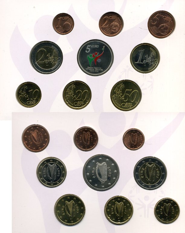 Ирландия официальный набор из 9 монет 2003 включая 5 евро специальные Олимпийские игры в Ирландии 2003, цветная эмаль ​KM MS12 UNC 4-5-2-11