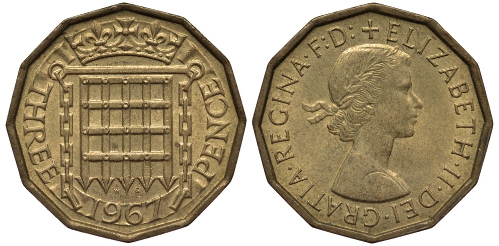 Великобритания 3 пенса 1967 Елизавета II (1952-2022) KM 900, Spink 4153 никель латунь 4538-1145