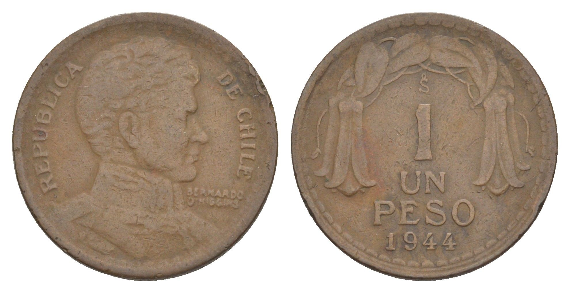 Чили 1 песо 1944 KM 179 медь 4620-114