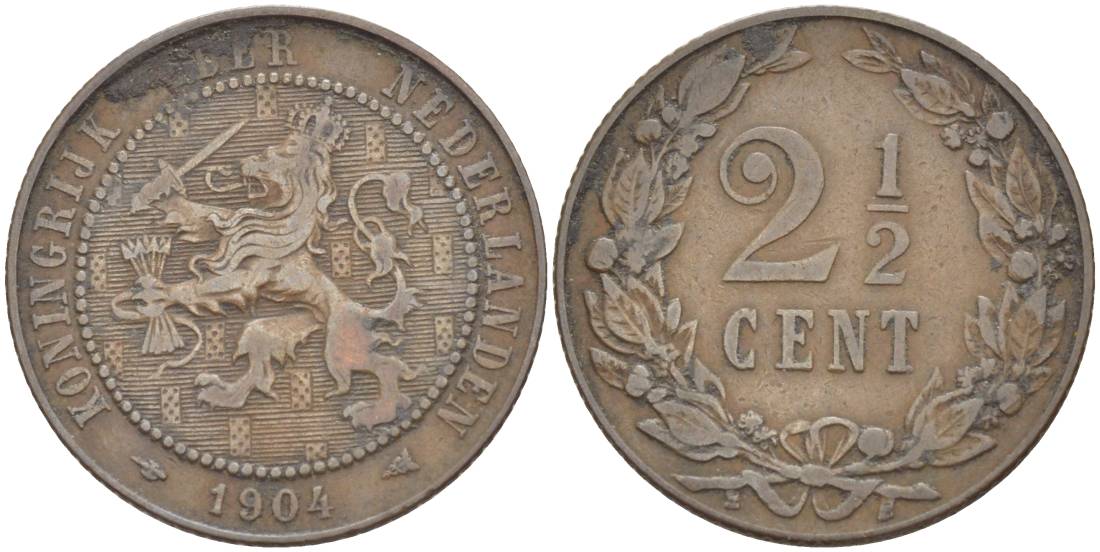 НИДЕРЛАНДЫ 2 1/2 ЦЕНТА 1904 ВИЛЬГЕЛЬМИНА I (1891-1948) KM 134 бронза 219-622