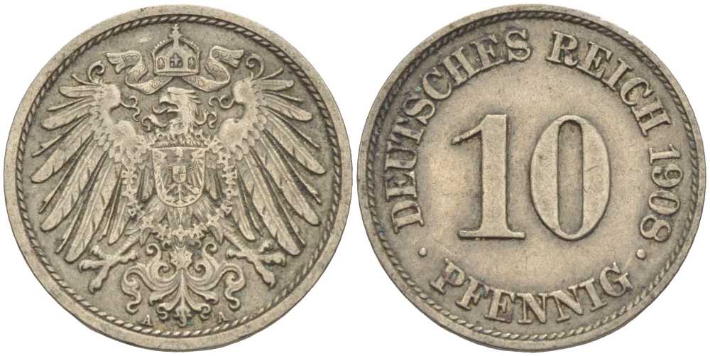 ГЕРМАНИЯ 10 ПФЕННИГОВ 1908 A KM 12, J. 13 медно-никель 31-442