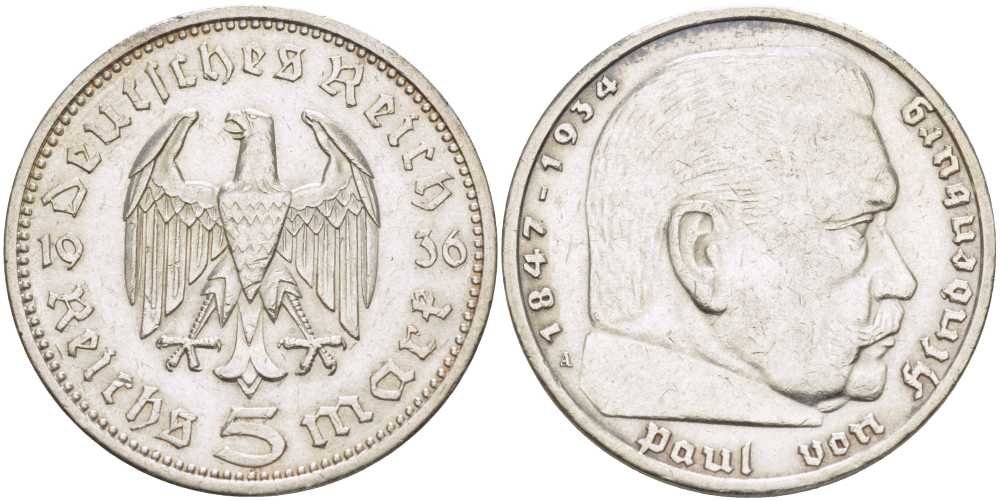 Германия 5 рейхсмарок 1936 A, Пауль фон Гинденбург (1847-1934) KM 86, J. 360 серебро    1515-1011