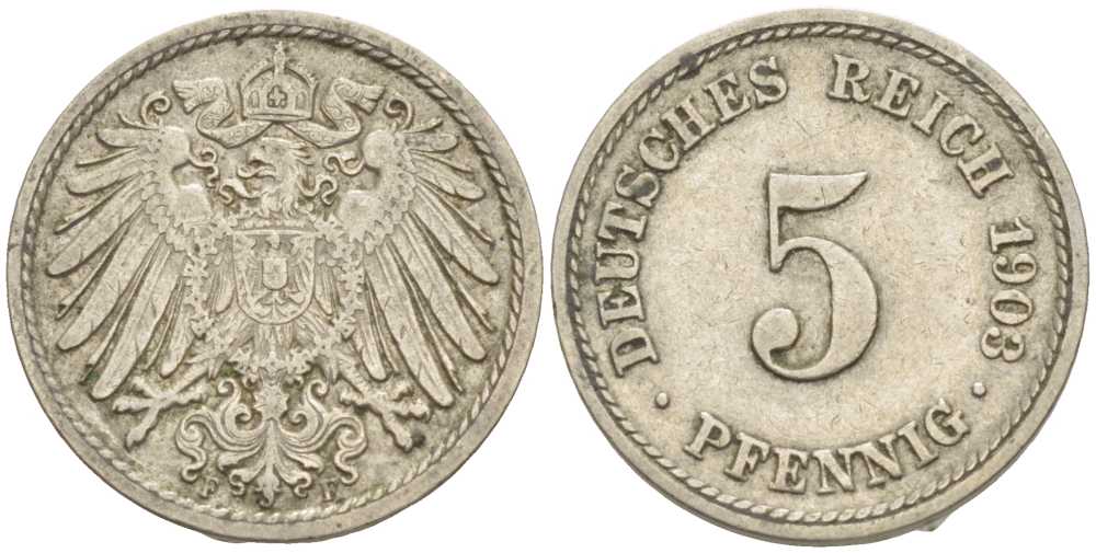 ГЕРМАНИЯ 5 ПФЕННИГОВ 1903 F KM 11, J. 12 медно-никель 105-221