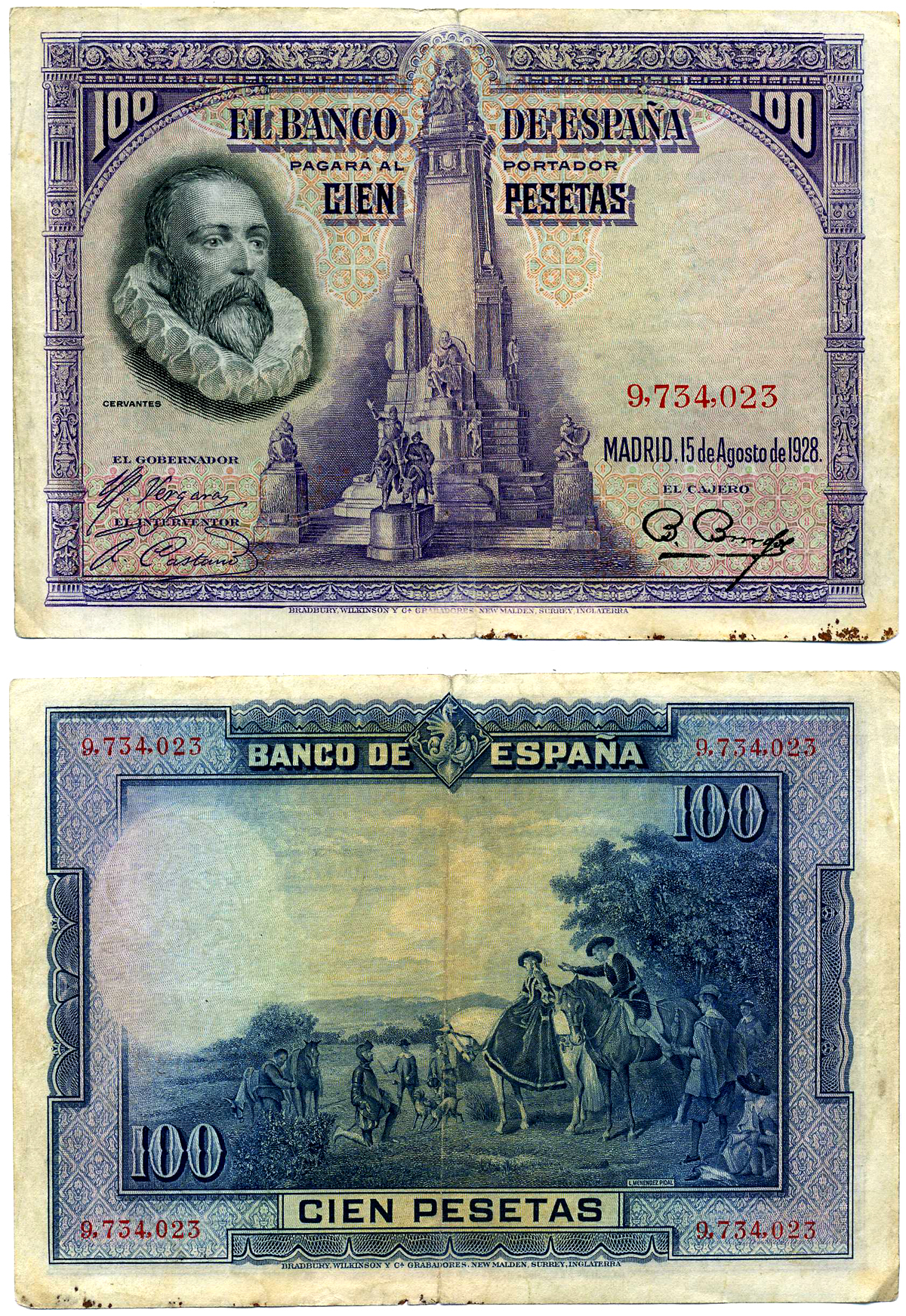Испания 100 песет 1928 Мигель де Сервантес Сааведра, памятник Сервантесу, картина Дон Кихот Pick 76 а бумага 8603-15-3-2
