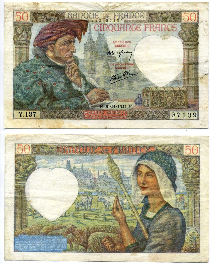 Франция 50 франков 1941 20 ноября 1941, Жак Кёр Pick 93 бумага 7215-14-2-2