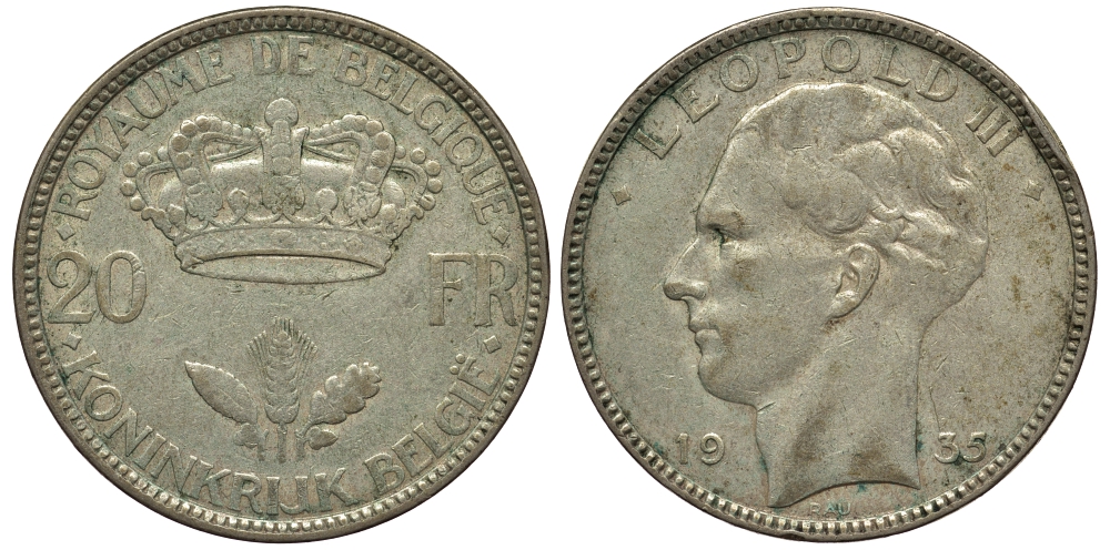 Бельгия 20 франков 1935 Леопольд III (1934-1950), BELGIЕ KM 105 серебро 443-614