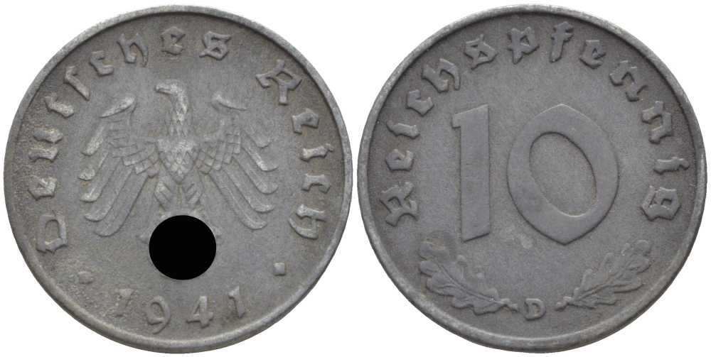 ГЕРМАНИЯ 10 РЕЙХСПФЕННИГОВ 1941 D KM 101, J. 371 цинк 4401-737