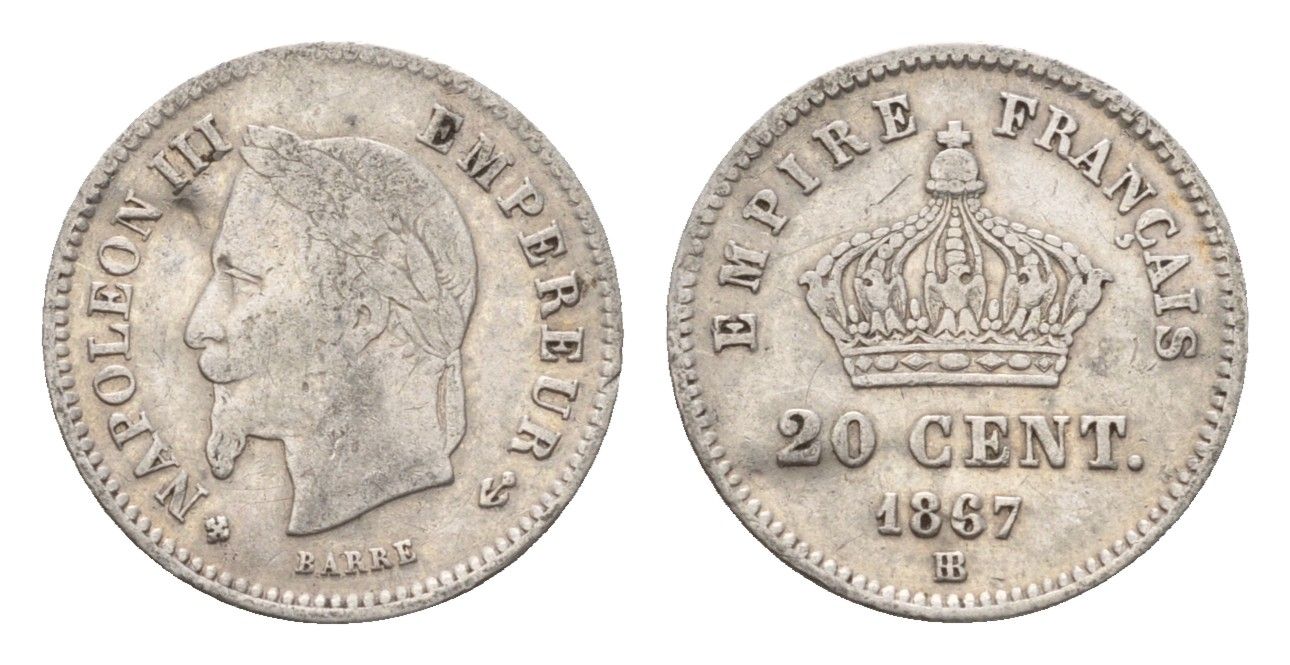 Франция 20 сантимов 1867 BB, Наполеон III (1852-1870) KM 808.2 серебро 4169-754