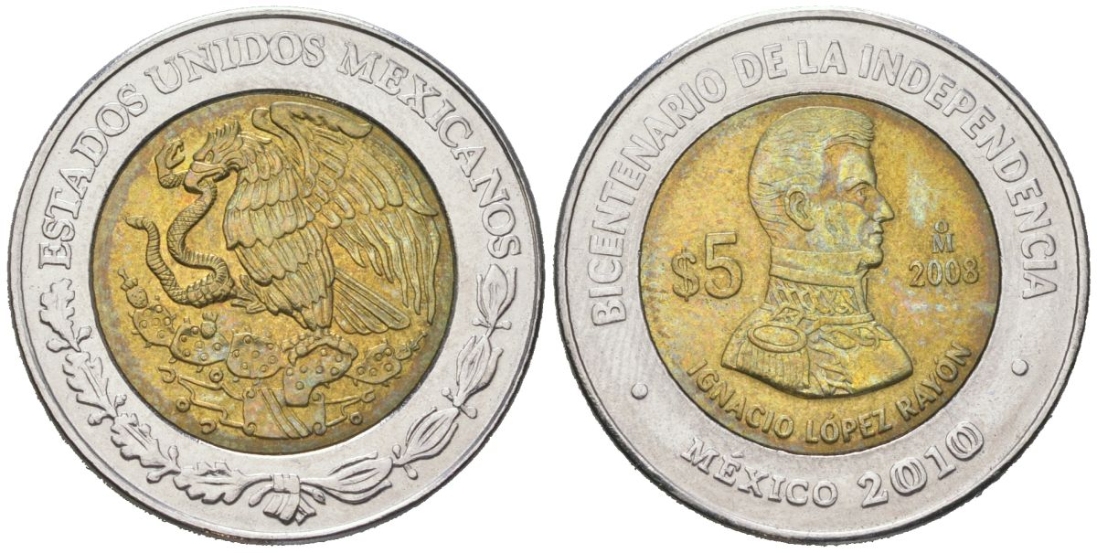 Мексика 5 песо 2008 Mo, 200 лет независимости - Игнасио Лопес Район KM 894 биметалл 186-815