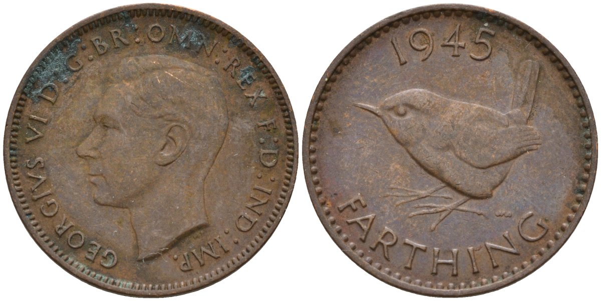 Великобритания 1 фартинг 1945 Георг VI (1936-1952) KM 843, Spink 4116 бронза 4596-1024